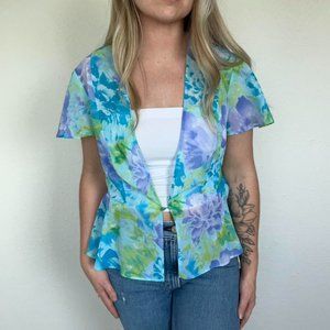 Flutter Sleeve Sheer Floral Spring Shirt Small/Medium